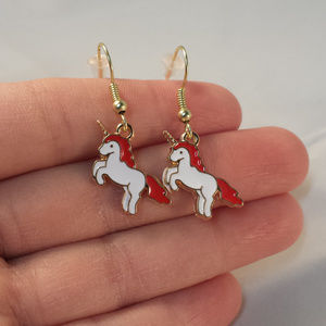 Gold Plated Red Unicorn Horse Charm Dangle Earrings Party Gift